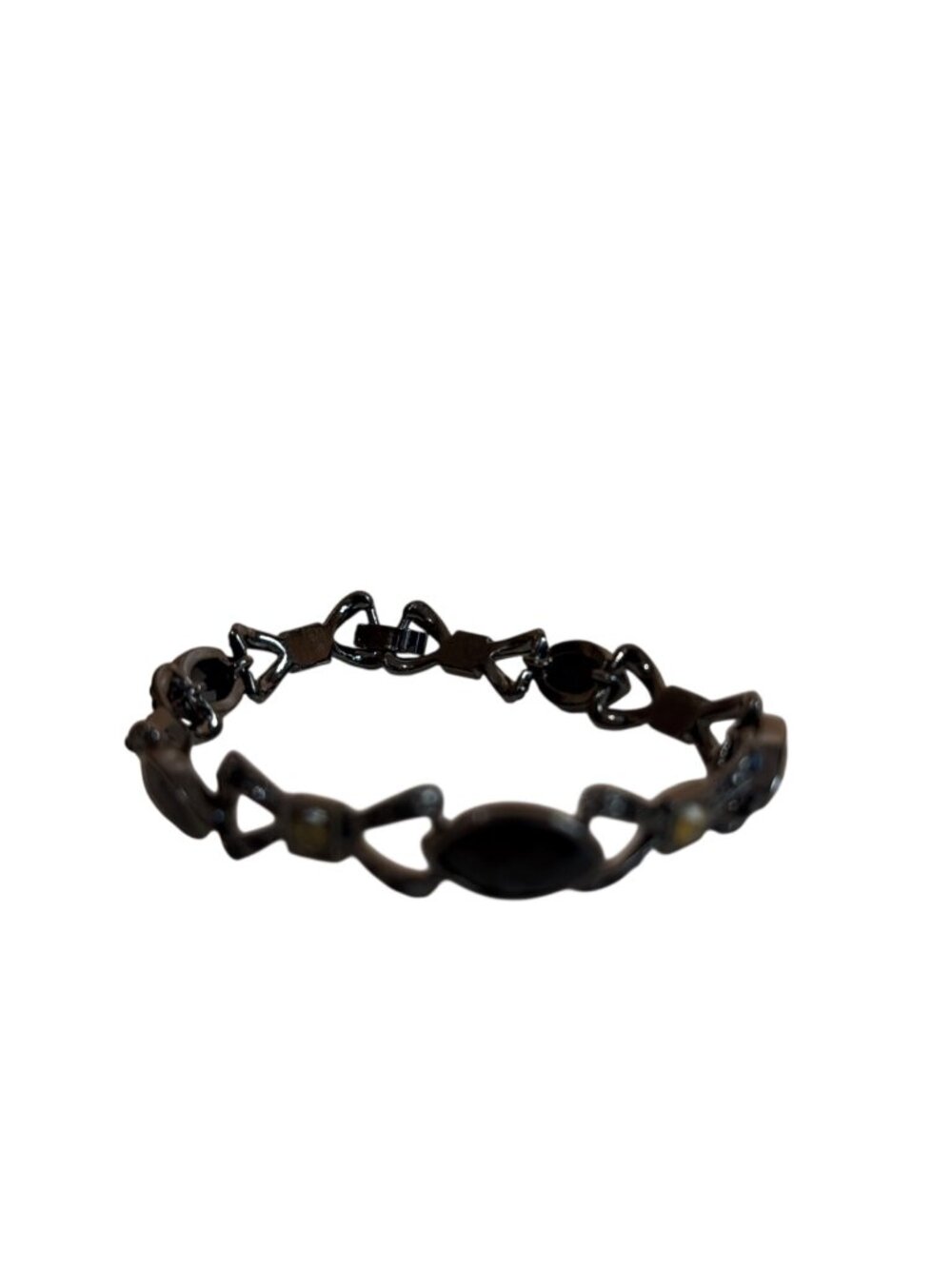 Black Bow-Link Bracelet Faceted Stones Rhinestones Elegant Romantic Gunmetal